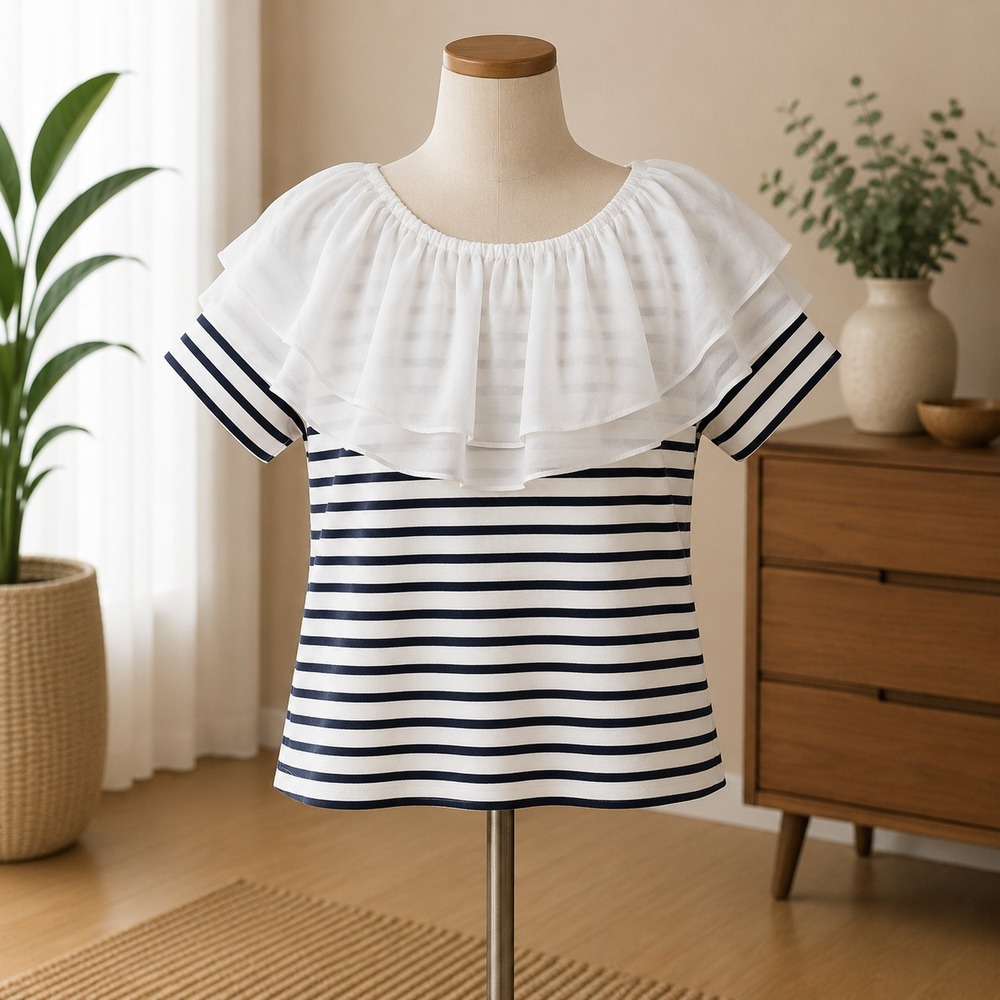 NWT Cupshe Striped Ruffle Top Womens Small Navy White Mesh Overlay Short Sleeve